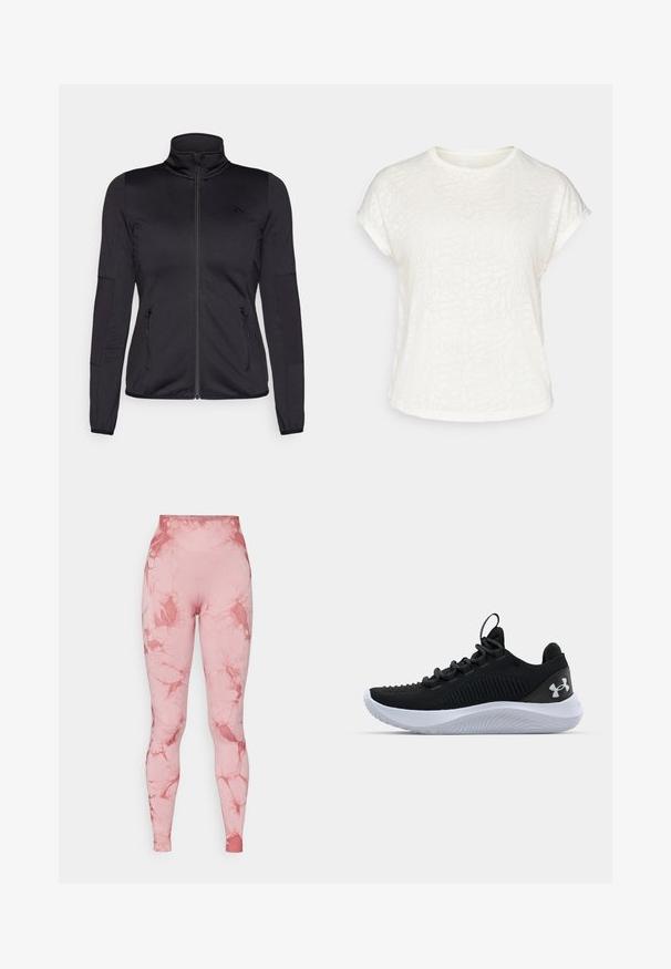 Fekete cipzáras dzseki magas gallérral, sima, rugalmas anyagból készült, elöl két cipzáras zsebbel és texturált ujakkal.; Fehér, rövid ujjú póló, texturált virágmintával, kerek nyakkivágással és laza szabású dizájnnal. Puha, könnyű anyagból készült.; Magas derekú leggings rózsaszín márvány mintával. Rugalmas, sima anyagból készült, testhez simuló fazonnal és varrás nélküli derékrésszel.; Fekete sportcipők légáteresztő hálós felsőrésszel, texturált részletekkel és fehér gumitalppal. Lapos fűzővel és sarokhúzó füllel rendelkezik.