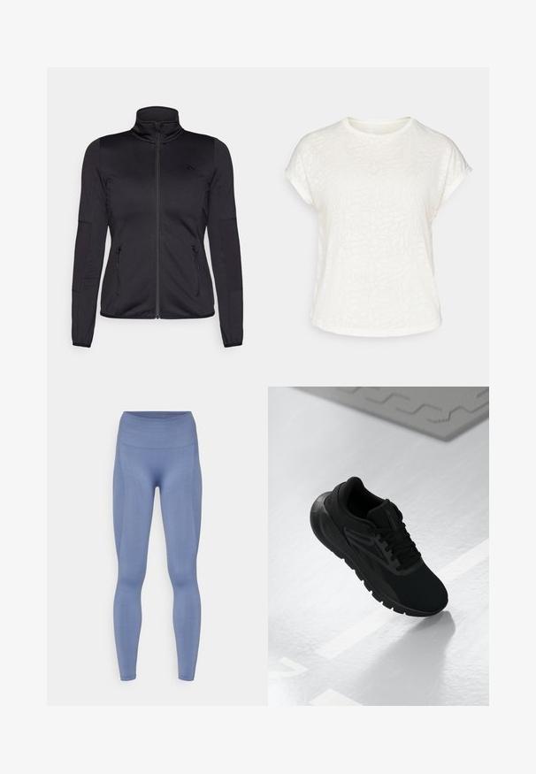 Fekete cipzáras dzseki magas gallérral, sima, rugalmas anyagból készült, elöl két cipzáras zsebbel és texturált ujakkal.; Fehér, rövid ujjú póló, texturált virágmintával, kerek nyakkivágással és laza szabású dizájnnal. Puha, könnyű anyagból készült.; Magas derekú leggings egyszínű világoskék anyagból. Sima textúra, formázott dizájn, a bokáknál szűkül. Nincsenek látható minták vagy díszítések.; Fekete sportcipő, hálós felsőrésszel, kerek orral, párnázott talppal és textúrázott díszítésekkel, sima fehér felületen elhelyezve.