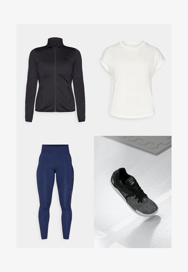 Črna jakna na zadrgo z visokim ovratnikom, izdelana iz gladkega, raztegljivega materiala, z dvema sprednjima žepoma na zadrgo in teksturiranimi rokavi.; Bela kratka majica s kratkimi rokavi z teksturiranim cvetličnim vzorcem, okroglim ovratnikom in sproščenim krojem. Narejena iz mehke, lahke tkanine.; Temno modri legingi z visokim pasom, ki imajo gladke, strukturirane panele ob straneh in diskretne šive za prilegajoč videz.; Črne športne čevlje z teksturiranim, vzorčastim mrežastim zgornjim delom, črnimi vezalkami in belo podplatom. Vsebuje Reebokovo blagovno znamko na jeziku in strani.