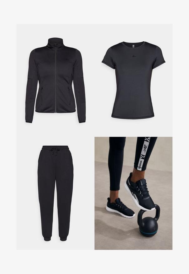 Črna jakna na zadrgo z visokim ovratnikom, izdelana iz gladkega, raztegljivega materiala, z dvema sprednjima žepoma na zadrgo in teksturiranimi rokavi.; Črna kratka majica s kratkimi rokavi, izdelana iz gladkega, zračnega materiala, z minimalističnim logotipom na sprednji strani. Klasičen okrogel izrez.; Črne bombažne trenirke z elastiko v pasu, nastavljivo vrvico, stranskimi žepi in rebrastimi manšetami. Gladka tekstura, sproščen dizajn.; Črne športne čevlje z teksturiranim zgornjim delom, belo podplatom in sivimi detajli, postavljene na črni kettlebell z modrim trak osrednje postavitev na nevtralni podlagi.
