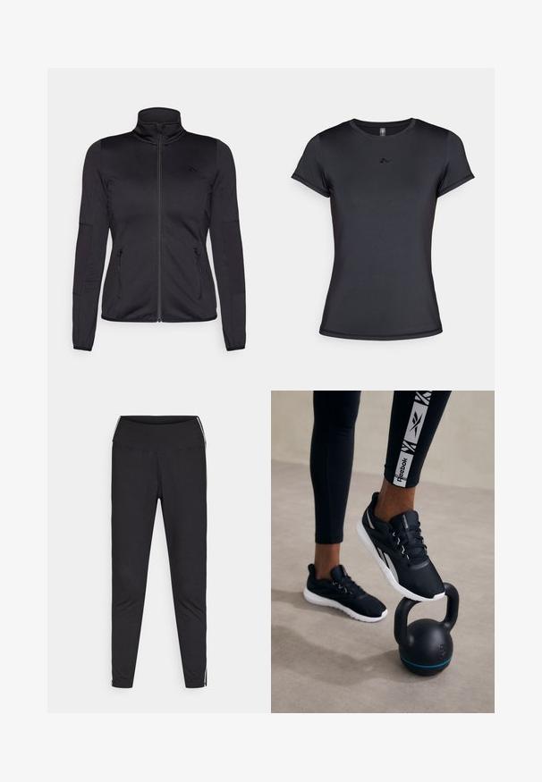 Czarna kurtka na zamek z wysokim kołnierzem, wykonana z gładkiego, elastycznego materiału, posiadająca dwie kieszenie z przodu na zamek oraz fakturowane rękawy.; Czarna koszulka z krótkim rękawem, wykonana z gładkiego, oddychającego materiału, z minimalistycznym wzorem logo z przodu. Klasyczny okrągły dekolt.; Czarne legginsy z elastycznego materiału. Wysoki stan, zwężany krój, z białymi paskami po bokach wzdłuż zewnętrznych szwów. Gładka tekstura.; Czarne buty sportowe z fakturowaną cholewką, białą podeszwą i szarymi akcentami, umieszczone na czarnym kettlebellu z niebieskim paskiem, na neutralnym tle.