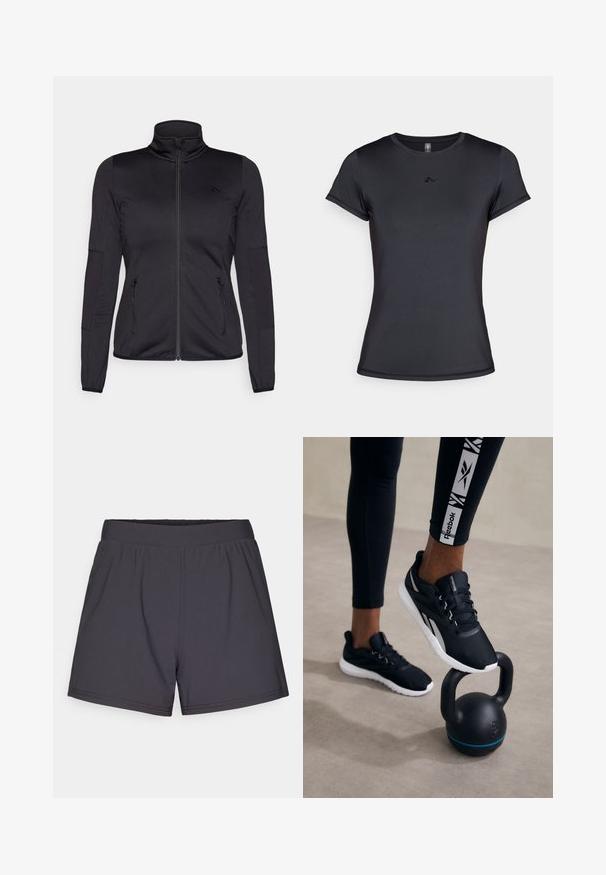 Black zip-up jacket with a high collar, constructed from smooth, stretchy fabric, featuring two zippered front pockets and textured sleeves.; Black short-sleeve t-shirt made of smooth, breathable fabric featuring a minimal logo design on the front. Classic crew neckline.; Black athletic shorts made of lightweight, stretchy fabric. Features an elastic waistband and a simple, unembellished design.; Black athletic shoes with a textured upper, white sole, and gray accents, positioned on a black kettlebell with a blue stripe, against a neutral background.