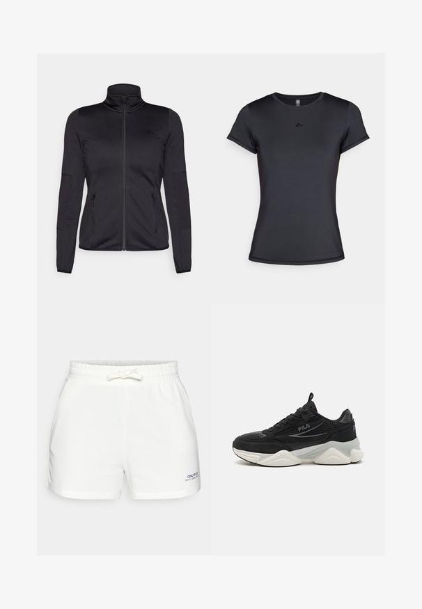Fekete cipzáras dzseki magas gallérral, sima, rugalmas anyagból készült, elöl két cipzáras zsebbel és texturált ujakkal.; Fekete, rövid ujjú póló sima, lélegző anyagból, minimalista logó dizájnnal az elején. Klasszikus, kerek nyakú fazon.; Fehér, rugalmas derékú, puha anyagú rövidnadrág, állítható fűzővel, zsebekkel és egy kis kék logóval az alsó bal oldalon.; Fekete sportcipők hálós és velúr anyagból, vastag talppal, kerek formával, diszkrét szürke részletekkel és logóval az oldalon.