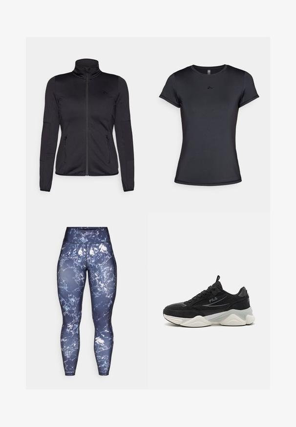 Schwarze Zip-Jacke mit hohem Kragen, gefertigt aus glattem, dehnbarem Material, mit zwei vorderen Reißverschlusstaschen und strukturierten Ärmeln.; Schwarzes Kurzarm-T-Shirt aus glattem, atmungsaktivem Stoff mit einem minimalistischen Logodesign auf der Vorderseite. Klassischer Rundhalsausschnitt.; Marineblaue aktive Leggings mit einem Marmor-Muster in Weiß und Hellblau, hoch tailliertes Design, aus dehnbarem, feuchtigkeitsableitendem Stoff gefertigt.; Schwarze Sneakers aus Mesh und Wildleder, mit dicker Sohle, runder Form, dezenten grauen Akzenten und einem Markenlogo an der Seite.