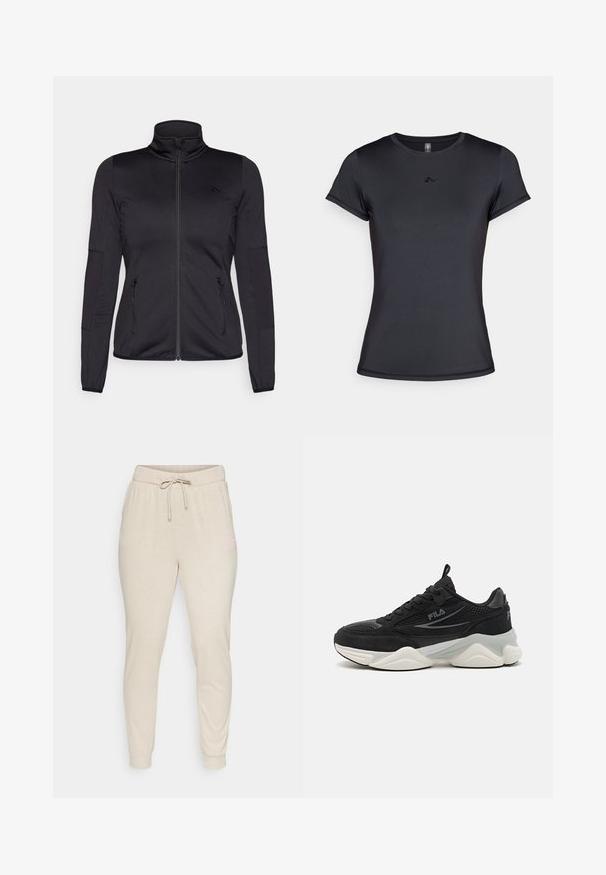 Chaqueta negra con cremallera y cuello alto, confeccionada en un tejido liso y elástico, que cuenta con dos bolsillos delanteros con cremallera y mangas con textura.; Camiseta negra de manga corta hecha de un tejido suave y transpirable que presenta un diseño de logo minimalista en el frontal. Cuello redondo clásico.; Pantalones de chándal beige hechos de una tela suave, con una cinturilla elástica con cordón y puños de canalé. Pequeño detalle del logo en color rosa en un lado.; Zapatillas negras hechas de malla y gamuza, con suela gruesa, forma redondeada, sutiles acentos grises y logotipo de marca en el lateral.