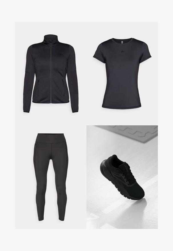 Schwarze Zip-Jacke mit hohem Kragen, gefertigt aus glattem, dehnbarem Material, mit zwei vorderen Reißverschlusstaschen und strukturierten Ärmeln.; Schwarzes Kurzarm-T-Shirt aus glattem, atmungsaktivem Stoff mit einem minimalistischen Logodesign auf der Vorderseite. Klassischer Rundhalsausschnitt.; ONLY Play ONPJAM-2-FONT - Tights - black; Schwarzer Sportschuh mit einem Obermaterial aus Mesh, runder Zehenpartie, gepolsterter Sohle und strukturierten Akzenten, platziert auf einer glatten weißen Oberfläche.