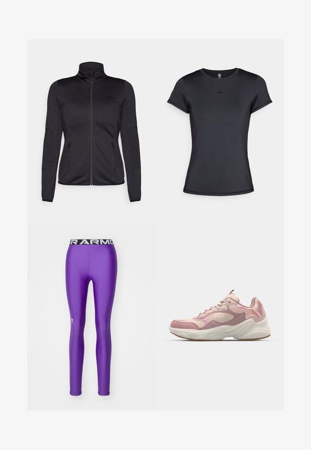 Musta vetoketjullu takki korkealla kauluksella, valmistettu sileästä ja joustavasta kankaasta, jossa on kaksi vetoketjullista etutaskua ja teksturoituja hihoja.; Must-have mustat t-paitat, joissa on lyhyet hihat ja sileä, hengittävä kangas. Edessä on minimalistinen logo. Klassinen pyöreä pääntie.; Under Armour HEATGEAR - Trikoot - lavish/white; Fila COLLENE - Matalavartiset tennarit - pale mauve/mauve chalk