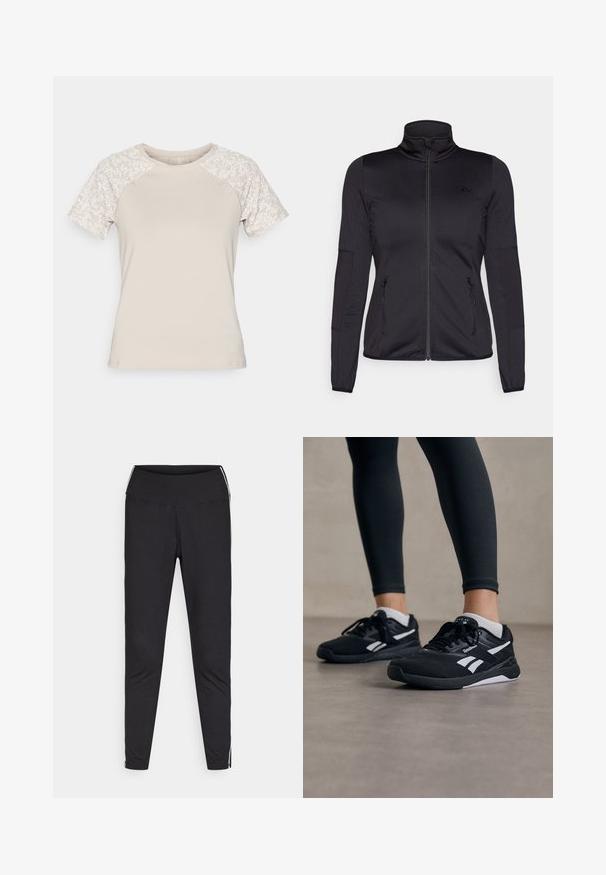 Jachetă neagră cu fermoar, cu guler înalt, confecționată dintr-un material neted și elastic, având două buzunare frontale cu fermoar și mâneci texturate.; Tricou bej cu mâneci scurte; corp texturat și mâneci cu model floral. Guler rotund; material moale. Potrivit pentru ținute casual.; Colanți negri din material elastic. Talie înaltă, croială ajustată, cu dungi albe pe laturile exterioare. Textură netedă.; Pantofi sport negri cu un upper din plasă texturată, accente albe și o talpă cu amortizare. Purtați cu colanți negri, evidențiind un design elegant.