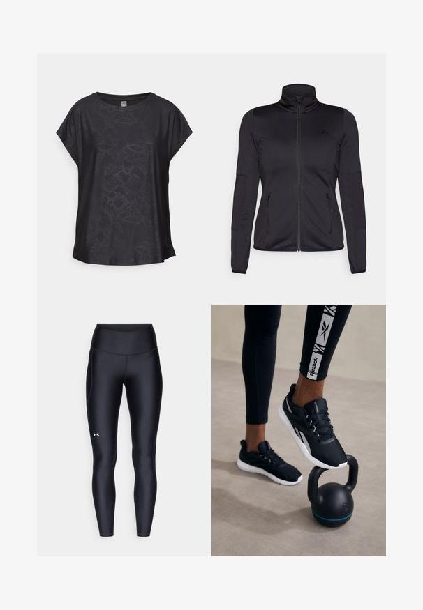 Svart zip-up jakke med høy krage, laget av glatt, elastisk stoff, med to glidelås-lommer foran og teksturerte ermer.; Svart kortermet topp i glatt stoff, med et subtilt reptilmønster, rund hals, og løs passform for enkel bevegelse.; Sorte leggings laget av glatt, elastisk materiale med høy midje. Har en hvit logo på venstre lår og en tettsittende design.; Svarte joggesko med strukturert overdel, hvit såle og grå aksenter, plassert på en svart kettlebell med blå stripe, mot en nøytral bakgrunn.