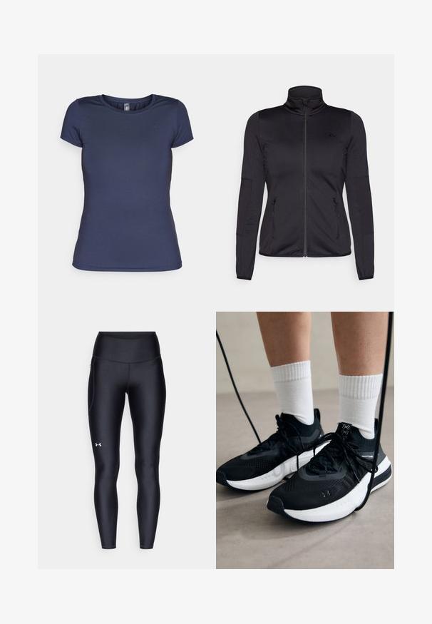 Chaqueta negra con cremallera y cuello alto, confeccionada en un tejido liso y elástico, que cuenta con dos bolsillos delanteros con cremallera y mangas con textura.; Camiseta de manga corta azul marino con escote redondo, hecha de tela suave. Presenta un pequeño logo en la parte izquierda del pecho.; Leggings negros hechos de un material suave y elástico con una cintura alta. Presentan un logo blanco en el muslo izquierdo y un diseño ajustado.; Zapatillas deportivas negras con tela texturizada, suela blanca y cordones negros. Llevadas con calcetines blancos de canalé, de pie sobre una superficie clara.
