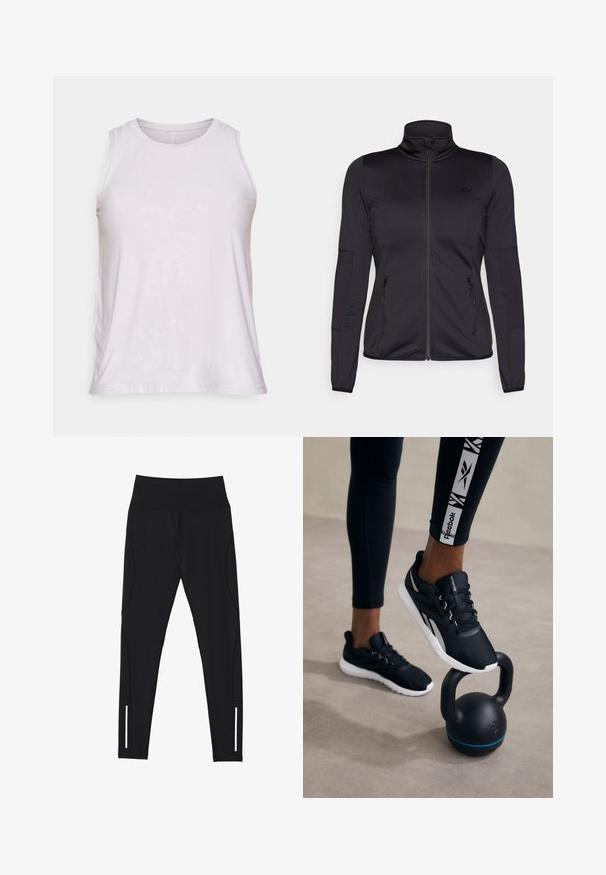 Melns zip-up jakas ar augstu apkakli, izgatavota no gludas, elastīgas auduma, ar divām kabatām priekšpusē ar rāvējslēdzējiem un teksturētām piedurknēm.; Gaiši rozā bez piedurknēm t-krekls ar apaļu kakla izgriezumu, gluda auduma un smalku tekstūru. Tieša maliņa bez redzamas zīmola zīmes vai dekoratīviem akcentiem.; Melni legingi, kas izgatavoti no elastīgas auduma, ar augstu jostasvietu, sānu šuvēm un atstarojošiem akcentiem tuvāk potītei redzamībai.; Melni sporta apavi ar struktūrētu augšdaļu, balto zoli un pelēkiem akcentiem, novietoti uz melna kettlebella ar zilā svītru, uz neitrāla fona.
