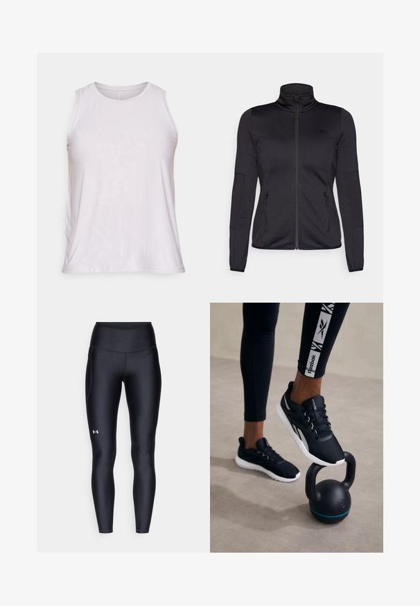 Sort zip-jakke med høj krave, fremstillet af glat, strækbart stof, med to lynlåslommer foran og strukturerede ærmer.; Lys rosa ærmeløs tanktop med rund halsudskæring, glat stof og subtil tekstur. Lige kant uden synlig branding eller detaljer.; Sorte leggings lavet af glat, strækbart materiale med høj talje. Har et hvidt logo på venstre lår og en tætsiddende design.; Svarte atletiske sko med en tekstureret overdel, hvid sål og grå accenter, placeret på en sort kettlebell med en blå stribe, mod en neutral baggrund.