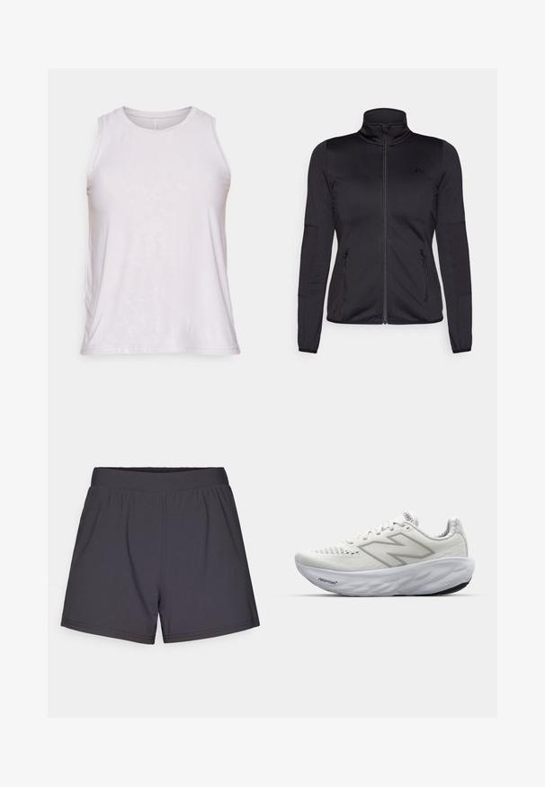 Veste noire zippée avec un col haut, fabriquée à partir d'un tissu lisse et extensible, dotée de deux poches avant zippées et de manches texturées.; Débardeur sans manches rose clair avec un col rond, en tissu lisse et au toucher subtil. Ourlet droit sans marque ni accents visibles.; Shorts de sport noirs en tissu léger et extensible. Dotés d'une taille élastique et d'un design simple, sans embellissements.; Baskets de sport blanches avec une tige en mesh, dotées d'un col rembourré, d'une semelle texturée et du marquage "Fresh Foam" sur la semelle intermédiaire.