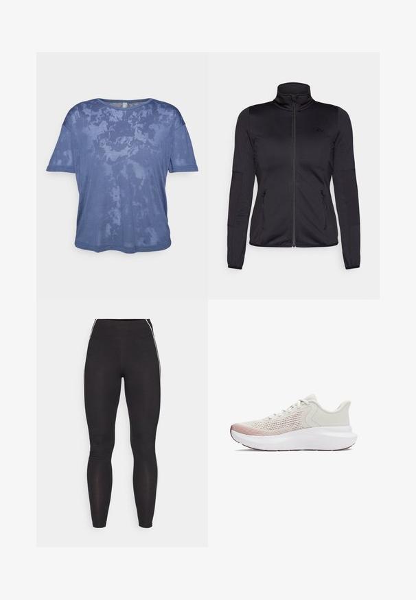 Černá bunda na zip s vysokým límcem, vyrobená z hladkého, elastického materiálu, se dvěma předními kapsami na zip a texturovanými rukávy.; Modré tričko s krátkým rukávem vyrobené z měkkého, lehkého materiálu, které má jemný mramorový vzor a kulatý výstřih.; Černé legíny vyrobené z pružného materiálu s vysokým pasem. Obsahují bílé boční pruhy a hladký povrch po celém obvodu.; Lehké sportovní boty s prodyšným bílým síťovaným svrškem, gradientními růžovými akcenty a silnou bílou podrážkou s texturovanými detaily.
