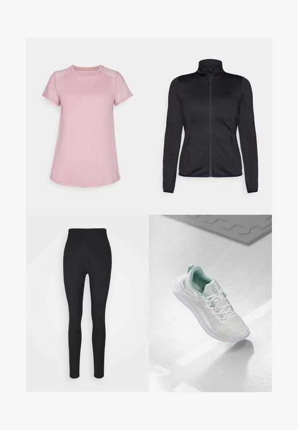 Čierna zipsová bunda s vysokým golierom, vyrobená z hladkého, elastického materiálu, so zipsovými prednými vreckami a štruktúrovanými rukávmi.; Svetloružový športový tričko vyrobené z mäkkej tkaniny, so skrátenými sieťovanými rukávmi a okrúhlym výstrihom, s aerodynamickým tvarom a zakriveným lemom.; Čierne legíny vyrobené z elastického materiálu, s vysokým pásom, rebrovanými panelmi po stranách a priliehavým strihom, ktorý sa zužuje pri členkoch.; Svetlošedé športové topánky s štruktúrovaným pleteným zvrškom, mätozelenými akcentmi, bielymi šnúrkami, gumovou podrážkou a pútkom na päte.