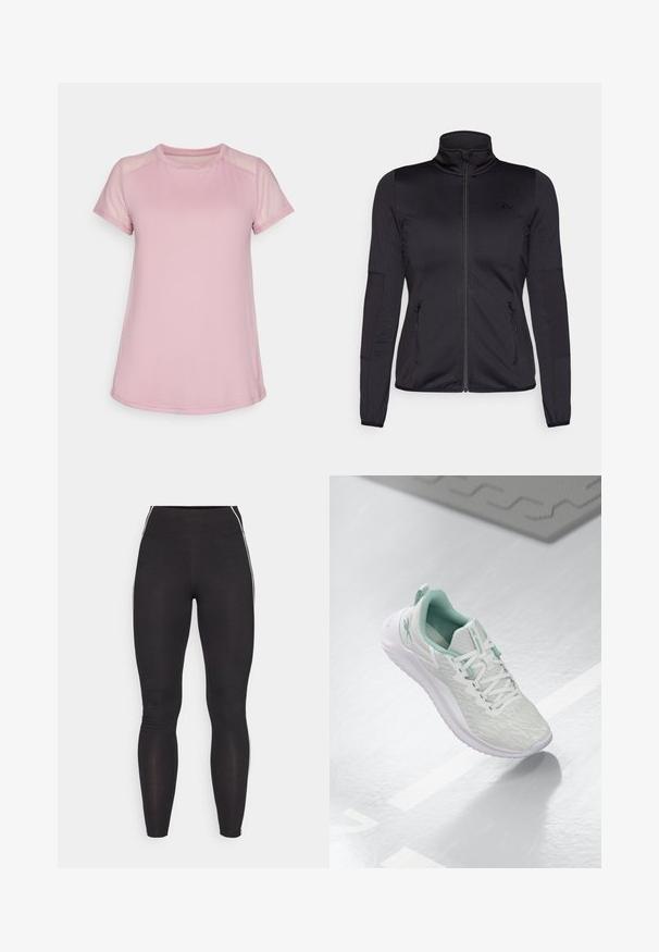 Giacca zip-up nera con colletto alto, realizzata in un tessuto liscio e elasticizzato, dotata di due tasche frontali con zip e maniche strutturate.; Maglietta sportiva rosa chiaro realizzata in tessuto morbido, con maniche in rete corte e scollatura a girocollo, dal taglio affusolato e orlo curvato.; Leggings neri realizzati in materiale elasticizzato con una vita alta. Presentano strisce laterali bianche e una texture liscia su tutta la superficie.; Scarpa sportiva grigio chiaro con tomaia in maglia testurizzata, dettagli verde menta, lacci bianchi, suola in gomma e linguetta sul tallone.