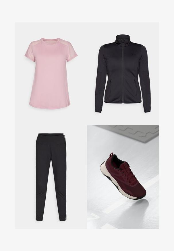 Fekete cipzáras dzseki magas gallérral, sima, rugalmas anyagból készült, elöl két cipzáras zsebbel és texturált ujakkal.; Puhaszövetből készült világos rózsaszín sportpóló, rövid hálós ujjaival és környakával, streamlined formával és ívelt aljjal.; Fekete leggings rugalmas anyagból. Magas derék, szűkített fazon, fehér oldalcsíkokkal a külső varrások mentén. Sima felület.; Bordó sportcipő hálós felsőrészével, fekete részletekkel és párnázott fehér talppal. Fűzős záródással és saroknál húzófüllel rendelkezik.