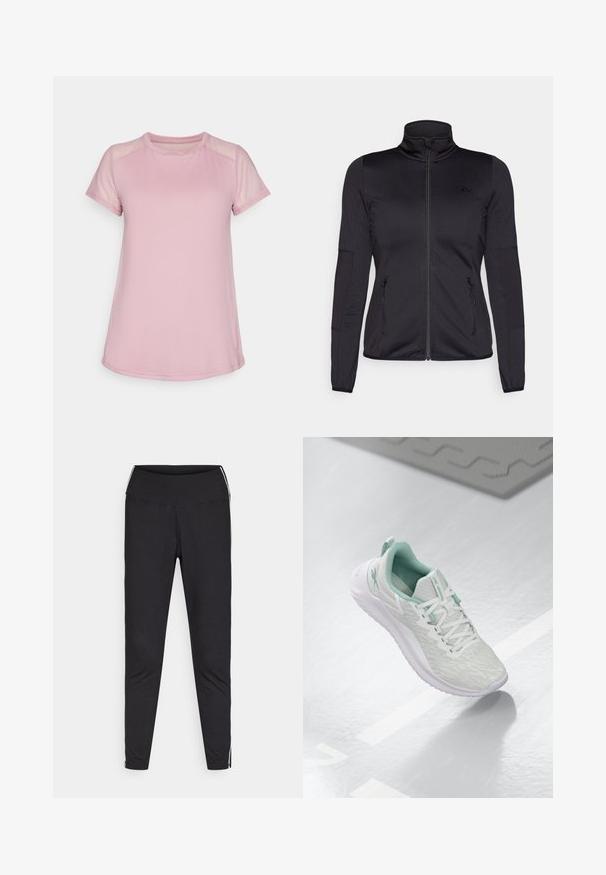 Juoda zip-up striukė su aukštu apykakle, pagaminta iš lygaus, elastingo audinio, turinti dvi užtrauktukais uždaromas priekinės kišenes ir tekstūruotas rankoves.; Šviesiai rožinė sportinė marškinė, pagaminta iš minkštos medžiagos, su trumpomis tinklinėmis rankovėmis ir apvaliomis iškirptėmis, pasižyminti aptakiu siluetu ir lenktu apatini kraštu.; Juodos tamprės pagamintos iš elastingos medžiagos. Aukštas juosmuo, siaurėjantis fasonas, turi baltus šoninius raštus palei išorinius siūlus. Lygus paviršius.; Šviesiai pilni sportiniai bateliai su tekstūruota mezgimo viršutine dalimi, mėtų žalumo akcentais, baltais raišteliais, guminėmis padangomis ir kilpa kulne.
