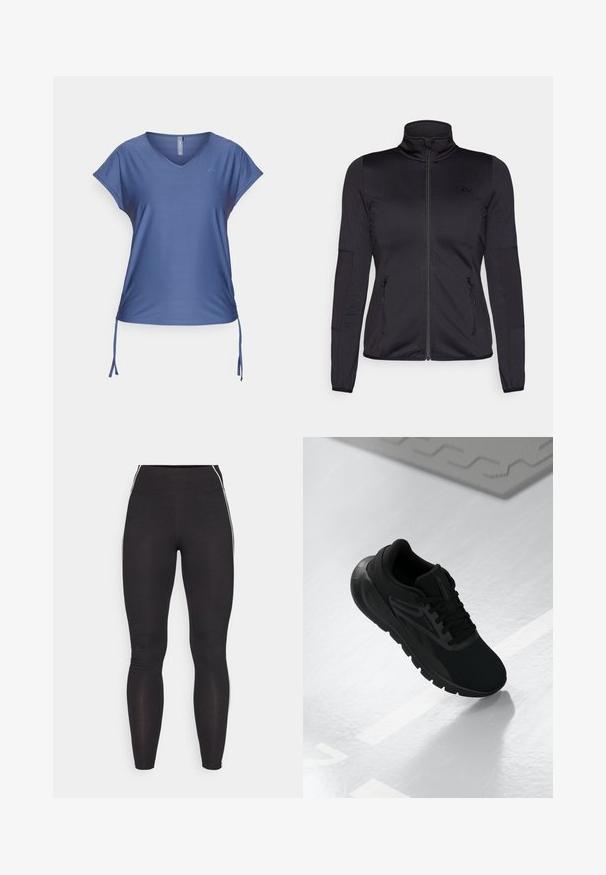 Jaqueta preta com fecho éclair e gola alta, feita de um tecido liso e elástico, apresentando dois bolsos frontais com fecho éclair e mangas texturizadas.; ONLY Play ONPAUB SMILA BAT LOOSE TOP - T-shirt desportiva - vintage indigo; Leggings pretos feitos de material elástico com uma cintura alta. Apresentam riscas brancas nas laterais e uma textura suave por toda a peça.; Shoe desportivo preto com upper em malha, biqueira redonda, sola almofadada e detalhes texturizados, posicionado sobre uma superfície branca lisa.