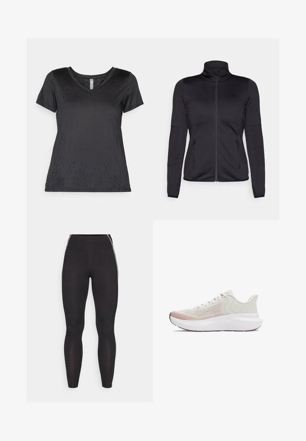 Juoda zip-up striukė su aukštu apykakle, pagaminta iš lygaus, elastingo audinio, turinti dvi užtrauktukais uždaromas priekinės kišenes ir tekstūruotas rankoves.; Juoda trumpomis rankovėmis marškinėliai su V formos iškirpte, pagaminti iš lygaus audinio su subtiliu raštu ir laisvu siluetu. Siūlės be siūlių ir minimalistinis dizainas.; Juodos leggingai, pagaminti iš tamprios medžiagos, su aukštu juosmeniu. Pasižymi baltais šoniniais dryžiais ir sklandžia tekstūra visame paviršiuje.; Lengvi sportiniai bateliai su kvėpuojančiu baltu tinkleliu, gradientiniais rožiniais akcentais ir storesne balta nėriniuota padu.