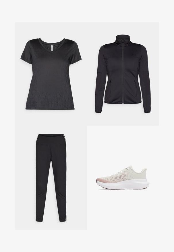 Čierna zipsová bunda s vysokým golierom, vyrobená z hladkého, elastického materiálu, so zipsovými prednými vreckami a štruktúrovanými rukávmi.; Čierne tričko s krátkym rukávom a výstrihom do V, vyrobené z hladkej tkaniny s jemným vzorom a vo voľnom strihu. Bezšvové okraje a minimalistický dizajn.; Čierne legíny vyrobené zo strečového materiálu. Vysoký pás, zúžený strih, obsahujú biele bočné prúžky podél vonkajších švov. Hladká textúra.; Ľahké atletické topánky s priedušným bielym sieťovaným zvrškom, gradientovými ružovými akcentmi a hrubou bielou podrážkou s textúrovanými detailmi.