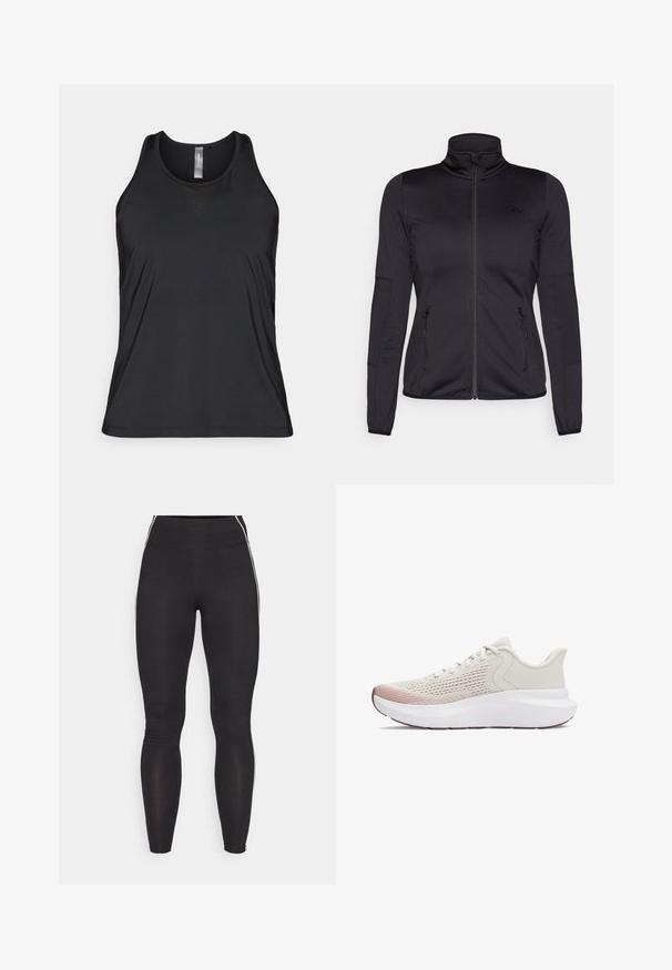 Juoda zip-up striukė su aukštu apykakle, pagaminta iš lygaus, elastingo audinio, turinti dvi užtrauktukais uždaromas priekinės kišenes ir tekstūruotas rankoves.; Juodas be rankovių sportinis marškinėlis, pagamintas iš kvėpuojančios medžiagos, su subtiliu tinklo akcentu trikampio forma šalia iškirptės.; Juodos leggingai, pagaminti iš tamprios medžiagos, su aukštu juosmeniu. Pasižymi baltais šoniniais dryžiais ir sklandžia tekstūra visame paviršiuje.; Lengvi sportiniai bateliai su kvėpuojančiu baltu tinkleliu, gradientiniais rožiniais akcentais ir storesne balta nėriniuota padu.