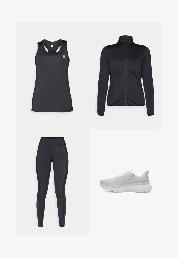 Črna jakna na zadrgo z visokim ovratnikom, izdelana iz gladkega, raztegljivega materiala, z dvema sprednjima žepoma na zadrgo in teksturiranimi rokavi.; Črna majica brez rokavov, izdelana iz gladkega, raztegljivega materiala. Ima dizajn s trakom na hrbtu in majhen roza logo na zgornji levi strani.; Črne legice iz raztegljivega materiala. Visok pas, gladka tekstura, z vzorčastimi poudarki na spodnjem delu noge.; Svijetlosivi atletski tenisica s prozračnom mrežicom, okruglim vrhom, mekanom potplatom i suptilnim brandom na peti.