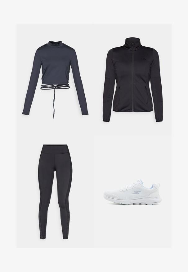 Black zip-up jacket with a high collar, constructed from smooth, stretchy fabric, featuring two zippered front pockets and textured sleeves.; Navy cropped long-sleeve top, featuring a high collar and adjustable tie closure at the waist. Smooth, stretch fabric with a fitted design.; Black leggings made from stretchy material. High-rise waistband, smooth texture, featuring patterned accents at the lower leg.; White athletic shoe with a breathable mesh upper, light blue accents, and a cushioned sole featuring a textured grip pattern.