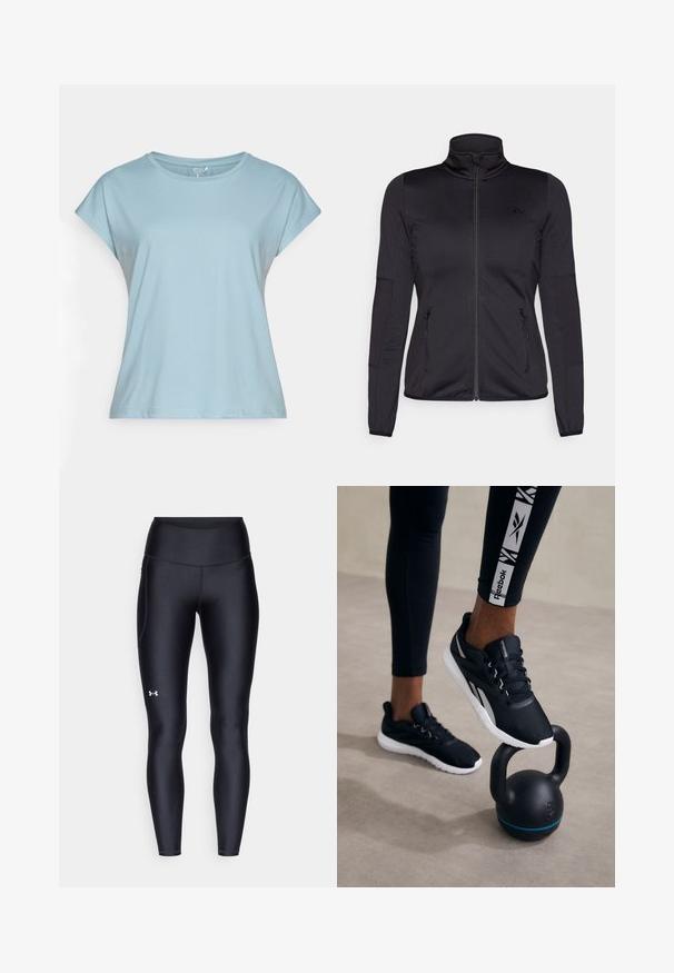 Jachetă neagră cu fermoar, cu guler înalt, confecționată dintr-un material neted și elastic, având două buzunare frontale cu fermoar și mâneci texturate.; Cămașă scurtă de culoare albastru deschis, realizată dintr-un material moale. Dispune de un guler rotund, croială lejeră și tivuri cusute. Fără modele sau broderii.; Colanți negri dintr-un material neted și elastic, cu un brâu înalt. Prezentând un logo alb pe cuartul stâng și un design ajustat.; Pantofi sport negri cu un superior texturat, talpă albă și accente gri, amplasați pe o greutate neagră cu o dungă albastră, pe un fundal neutru.