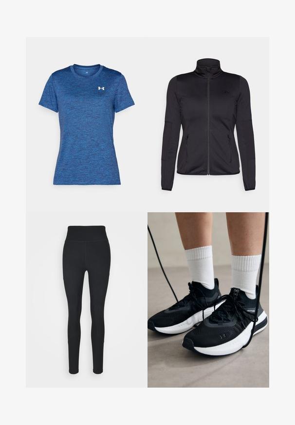 Chaqueta negra con cremallera y cuello alto, confeccionada en un tejido liso y elástico, que cuenta con dos bolsillos delanteros con cremallera y mangas con textura.; Camiseta atlética azul de manga corta con un patrón texturizado y jaspeado. Presenta un escote redondo y un pequeño logotipo blanco en el pecho.; Leggings negros de tejido elástico, con una cintura alta, paneles acanalados en los laterales y un diseño ajustado que se estrecha en los tobillos.; Zapatillas deportivas negras con tela texturizada, suela blanca y cordones negros. Llevadas con calcetines blancos de canalé, de pie sobre una superficie clara.