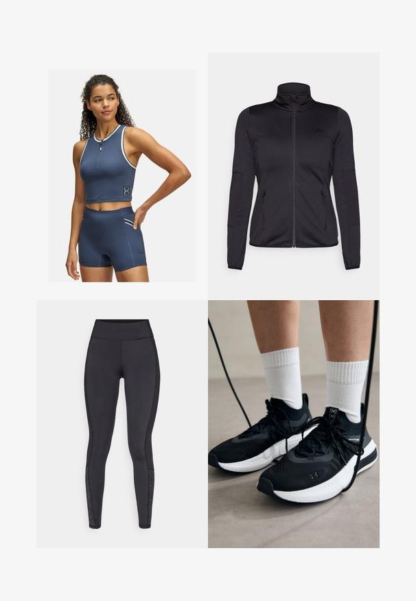 Must ehk üles tõmmatav jakk, millel on kõrge krae, valmistatud siledast ja venivast kangast, millel on kaks lukuga esikotid ja tekstureeritud varrukad.; Tumed sinine sporditopp luku ees ja valgete detailidega; kokku sobitatud kõrge vöökoha lühikeste pükstega, millel on küljetasku ja sobituvad detailid.; Mustad mustad, mis on valmistatud venivast materjalist. Kõrge vöökoht, sile tekstuur, millel on mustritooted sääres.; Mustad mustad jalanõud tekstuuritud kangast, valge tallaga ja mustade paeltega. Kanna valgete soonikkudega sokkide sisse, seistes helesinisel pinnal.