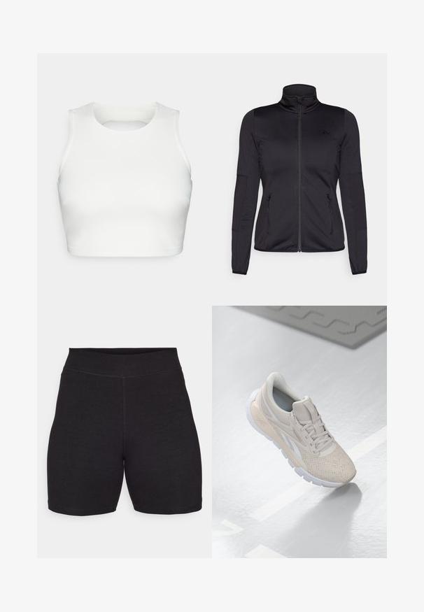 Veste noire zippée avec un col haut, fabriquée à partir d'un tissu lisse et extensible, dotée de deux poches avant zippées et de manches texturées.; Top court sans manches blanc en tissu lisse, avec un col rond et un design à dos ouvert, et des coutures soignées le long des bords.; Shorts de cyclisme noirs à taille haute, fabriqués en tissu extensible et doux. Comprend des coutures plates et une texture lisse pour le confort.; Chaussure de sport beige clair avec une tige perforée, des accents texturés, un col rembourré et une semelle en caoutchouc blanche, conçue pour le confort et la respirabilité.
