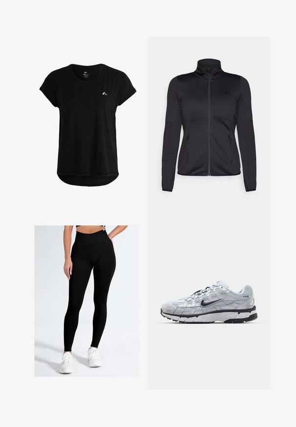 Svart zip-up jacka med hög krage, tillverkad av mjukt, stretchigt tyg, med två fickor framtill som stängs med dragkedja och texturerade ärmar.; Svart t-shirt med kort ärm i mjukt tyg, med en rundad nederkant och en liten logotyp på bröstet. Enkel och minimalistisk design.; Svarta leggings med hög midja, tillverkade av slät, elastisk tyg. Designen har en figursydd siluett utan synliga mönster eller detaljer.; Nike P-6000 sneakers med en ljusgrå nätövre, svarta accenter och en hållbar sula i svart gummi. Har en intrikat design och snörningssystem.