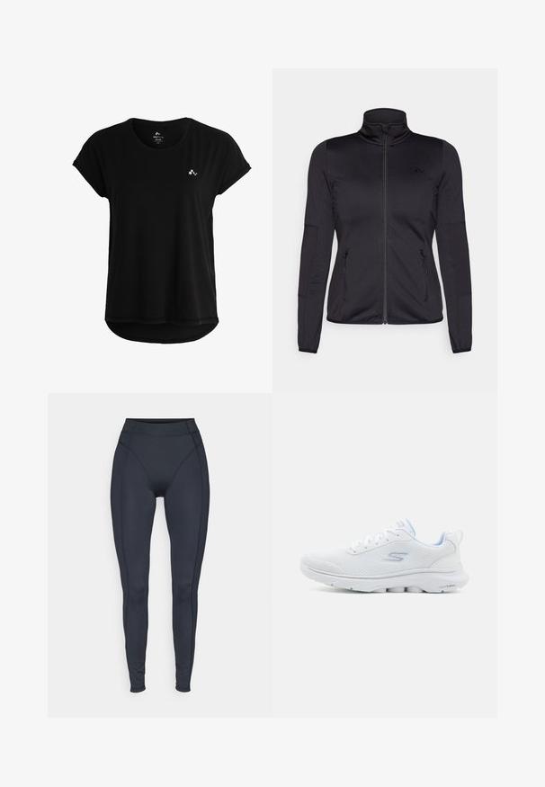 Fekete cipzáras dzseki magas gallérral, sima, rugalmas anyagból készült, elöl két cipzáras zsebbel és texturált ujakkal.; Fekete, rövid ujjú póló, puha anyagból készül, ívelt alsó szegéllyel és egy kis logóval a mellrészen. Egyszerű és minimalista dizájn.; Magas derekú fekete leggings, rugalmas anyagból készült, varrat nélküli oldalakkal és kényelmes, testhezálló dizájnnal a mozgás szabadságáért.; Fehér sportcipő légáteresztő hálós felsőrésszel, világoskék részletekkel és párnázott talppal, amelyen texturált tapadó mintázat található.