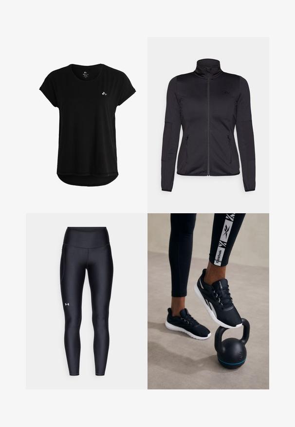 Svart zip-up jacka med hög krage, tillverkad av mjukt, stretchigt tyg, med två fickor framtill som stängs med dragkedja och texturerade ärmar.; Svart t-shirt med kort ärm i mjukt tyg, med en rundad nederkant och en liten logotyp på bröstet. Enkel och minimalistisk design.; Svarta leggings i ett smidigt, stretchigt material med hög midja. Har en vit logotyp på vänstra låret och en åtsittande design.; Svarta träningsskor med en texturerad ovandel, vit sula och grå accentfärger, placerade på en svart kettlebell med ett blått streck, mot en neutral bakgrund.