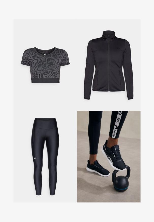 Black zip-up jacket with a high collar, constructed from smooth, stretchy fabric, featuring two zippered front pockets and textured sleeves.; Black cropped shirt featuring a swirling pattern. Made of stretchy fabric with a round neckline and short sleeves. Horizontal ribbed hem.; Black leggings made of smooth, stretchy material with a high waistband. Features a white logo on the left thigh and fitted design.; Black athletic shoes with a textured upper, white sole, and gray accents, positioned on a black kettlebell with a blue stripe, against a neutral background.