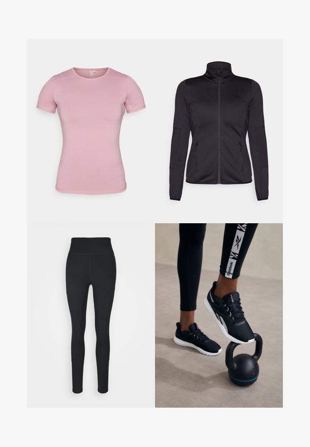 Chaqueta negra con cremallera y cuello alto, confeccionada en un tejido liso y elástico, que cuenta con dos bolsillos delanteros con cremallera y mangas con textura.; Camiseta de manga corta en suave color rosa, con tejido texturizado y forma ajustada. Presenta un cuello redondo y un dobladillo estándar sin adornos.; Leggings negros de tejido elástico, con una cintura alta, paneles acanalados en los laterales y un diseño ajustado que se estrecha en los tobillos.; Zapatillas deportivas negras con una parte superior texturizada, suela blanca y acentos grises, posicionadas sobre una kettlebell negra con una franja azul, contra un fondo neutro.