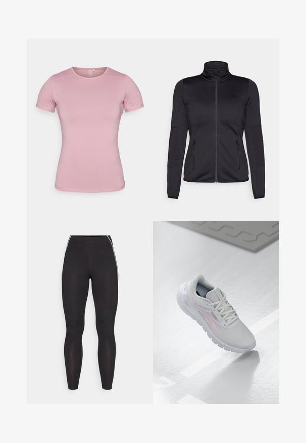 Črna jakna na zadrgo z visokim ovratnikom, izdelana iz gladkega, raztegljivega materiala, z dvema sprednjima žepoma na zadrgo in teksturiranimi rokavi.; Majica s kratkimi rokavi v mehki roza barvi, teksturirane tkanine s prilegajočo obliko. Ima okroglo vratno izreza in standardni rob brez okrasitev.; Črne legice iz raztegljivega materiala z visokim pasom. Imajo bele stranske črte in gladko teksturo po vsej dolžini.; Svetlo sivi atletski čevlji s roza dodatki, mrežasti gornji del, zaobljen nos, oblazinjen podplat in zapiranje na vezanje. Površina je gladka in odboja.