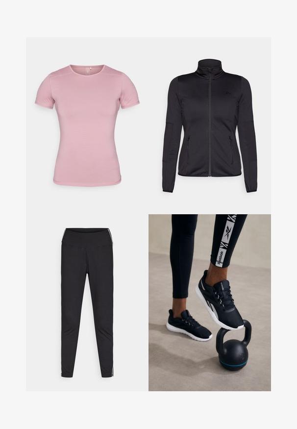 Melns zip-up jakas ar augstu apkakli, izgatavota no gludas, elastīgas auduma, ar divām kabatām priekšpusē ar rāvējslēdzējiem un teksturētām piedurknēm.; Īsa piedurkne t-kreklā maigi rozā krāsā, ar teksturētu audumu un pieguļošu formu. Aprīkots ar apaļu kakla izgriezumu un standarta apakšmalu bez rotājumiem.; Melnas legiņas, izgatavotas no elastīga materiāla. Augsts jostasvieta, pieguļošs piegriezums, ar baltām sānu svītrām gar ārējām šuvēm. Gluda tekstūra.; Melni sporta apavi ar struktūrētu augšdaļu, balto zoli un pelēkiem akcentiem, novietoti uz melna kettlebella ar zilā svītru, uz neitrāla fona.