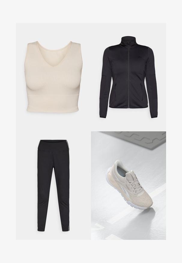 Black zip-up jacket with a high collar, constructed from smooth, stretchy fabric, featuring two zippered front pockets and textured sleeves.; Light beige ribbed camisole with a v-neckline, fitted shape, wide straps, and a seamless hem, made from a soft, stretchy fabric.; Black leggings made of stretchy fabric. High waistband, tapered fit, features white side stripes along the outer seams. Smooth texture.; Light beige athletic shoe with a perforated upper, textured accents, padded collar, and white rubber sole, designed for comfort and breathability.