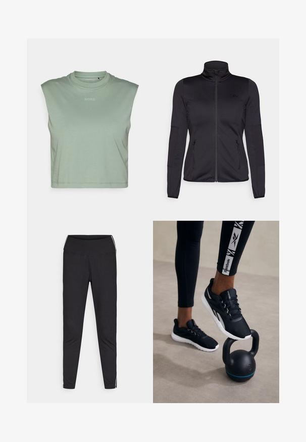 Fekete cipzáras dzseki magas gallérral, sima, rugalmas anyagból készült, elöl két cipzáras zsebbel és texturált ujakkal.; Világoszöld, ujjatlan crop top, puha anyagból készült, kerek nyakkivágással és a mellkason elhelyezett kis "BORG" logóval.; Fekete leggings rugalmas anyagból. Magas derék, szűkített fazon, fehér oldalcsíkokkal a külső varrások mentén. Sima felület.; Fekete sportcipők, textúrával ellátott felsőrésszel, fehér talppal és szürke akcentusokkal, egy fekete kettlebellre helyezve, kék csíkkal, semleges háttér előtt.