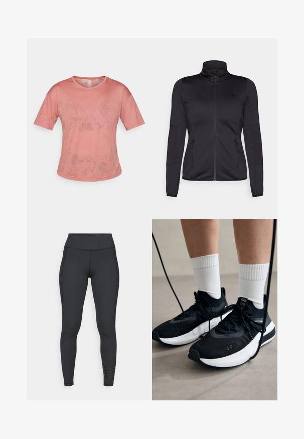 Black zip-up jacket with a high collar, constructed from smooth, stretchy fabric, featuring two zippered front pockets and textured sleeves.; Pink short-sleeve t-shirt made of soft fabric. Features a round neckline and a relaxed fit, with subtle texture patterns on the surface.; Black leggings made from stretchy material, featuring a high waistband, sleek design, and striped accent details near the ankle.; Black athletic shoes with textured fabric, white sole, and black laces. Worn with white ribbed socks, standing on a light surface.