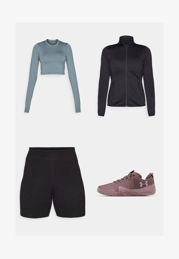 Jaqueta preta com fecho éclair e gola alta, feita de um tecido liso e elástico, apresentando dois bolsos frontais com fecho éclair e mangas texturizadas.; Top curto de mangas longas em tecido leve e elástico azul claro, com decote redondo e discreto detalhe do logotipo na parte frontal.; Calções de ciclismo pretos com uma cintura alta, feitos de um tecido elástico e suave. Apresentam costuras planas e uma textura lisa para conforto.; Ténis de desporto de cor rosa escura com parte superior em malha texturada, sola de borracha e padrão de aderência pronunciado; apresenta logo lateral e colarinho acolchoado.