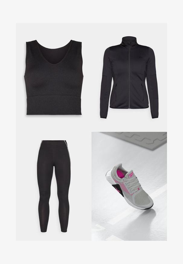 Czarna kurtka na zamek z wysokim kołnierzem, wykonana z gładkiego, elastycznego materiału, posiadająca dwie kieszenie z przodu na zamek oraz fakturowane rękawy.; Czarny prążkowany crop top z dekoltem w kształcie litery V i dopasowanym krojem. Materiał jest elastyczny, zapewniając obcisłe dopasowanie i gładką fakturę.; Czarne legginsy wykonane z elastycznego materiału, z wysokim stanem. Posiadają białe pasek po bokach oraz gładką strukturę.; Szare i różowe sneakersy sportowe Reebok z siateczkową cholewką i szczegółową podeszwą, wystawione na odbijającej białej powierzchni.