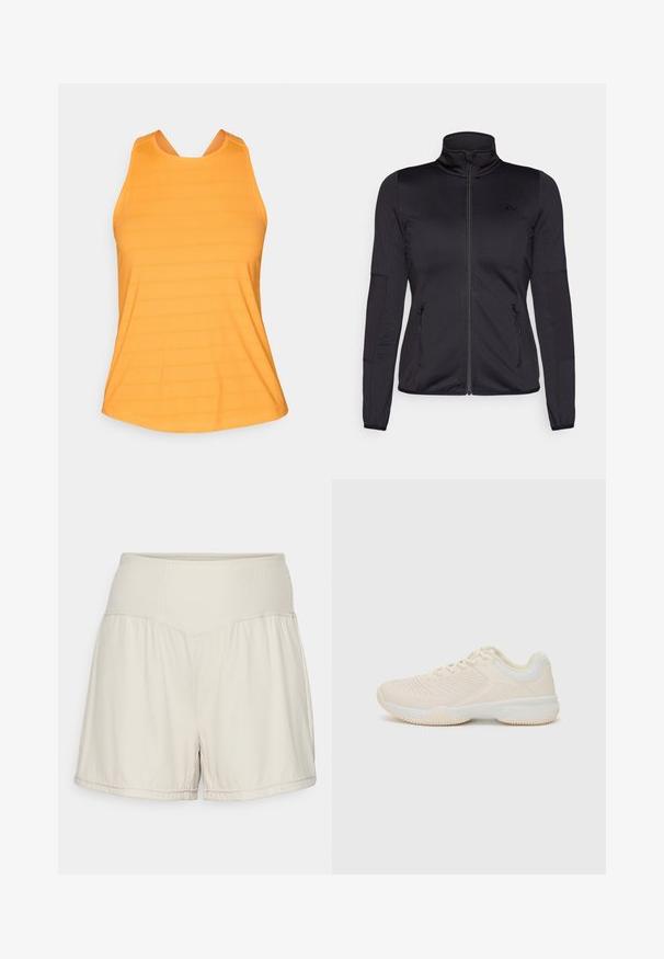 Musta vetoketjullu takki korkealla kauluksella, valmistettu sileästä ja joustavasta kankaasta, jossa on kaksi vetoketjullista etutaskua ja teksturoituja hihoja.; Oranssi urheilupaita, jossa on teksturoitu kuvio, jossa on pyöreä kaula-aukko ja leveät olkaimet tukevat ja mahdollistavat liikkumisen vaivattomasti.; Vaaleanbeiget shortsit, joissa on teksturoidut ribbivyötärö, virtaava muotoilu ja rento istuvuus. Varustettu neulottu lahkeiden reunoilla ja sivuaukkoilla joustavuuden lisäämiseksi.; Vaaleanbeige urheilukenkä, jossa on teksturoitu päällinen, erottuvat valkoiset yksityiskohdat, pyöreä kärki ja joustava kumipohja.