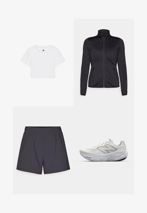 Musta vetoketjullu takki korkealla kauluksella, valmistettu sileästä ja joustavasta kankaasta, jossa on kaksi vetoketjullista etutaskua ja teksturoituja hihoja.; Valkoinen lyhythihainen cropped T-paita, jossa on pyöreä pääntie ja sileä kangas; paidassa on pieni musta logo niskassa ja helmassa.; Mustat urheilusortsit, jotka on valmistettu kevyestä, joustavasta kankaasta. Sisältää joustavyöhön ja yksinkertaisen, koristelemattoman muotoilun.; Valkoiset urheilukengät, joissa on verkkonauhainen päällinen, pehmustettu kaula, teksturoitu pohja ja "Fresh Foam" -merkintä välipohjassa.