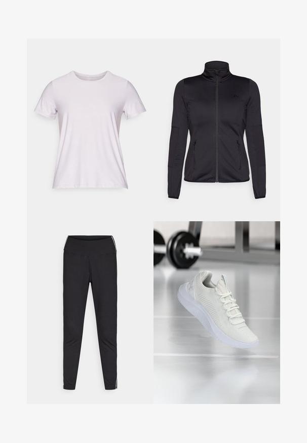 Černá bunda na zip s vysokým límcem, vyrobená z hladkého, elastického materiálu, se dvěma předními kapsami na zip a texturovanými rukávy.; Tričko s krátkým rukávem a kulatým výstřihem vyrobené z lehké fialové látky s hladkou texturou a minimem švů, vhodné pro volnočasové nošení.; Černé legíny vyrobené z elastického materiálu. Vysoký pas, zúžený střih, s bílými postranními pruhy podél vnějších švů. Hladký povrch.; Bílé atletické tenisky s texturovaným síťovým svrškem a systémem šněrování, s polstrovanou bílou podrážkou a jemnými žebrovanými detaily.