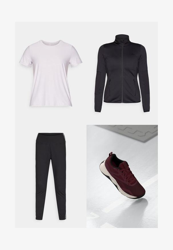 Must ehk üles tõmmatav jakk, millel on kõrge krae, valmistatud siledast ja venivast kangast, millel on kaks lukuga esikotid ja tekstureeritud varrukad.; Lühikeste varrukatega, ümarate kaelustega T-särk, mis on valmistatud helesinisest kangast, mille tekstuur on sile ja millel on minimaalsed õmblused, sobib igapäevaseks kandmiseks.; Mustad must leggings venivast kangast. Kõrge vöökoht, kitsenev lõige, valged külgtriibud välimistel õmblustel. Sile pind.; Bordoo spordijalanõud, millel on võrgust pealispind, mustad aktsendid ja pehme valge tald. Omab soonkinnitust ja kandmist hõlbustavat konksu kontsapooles.