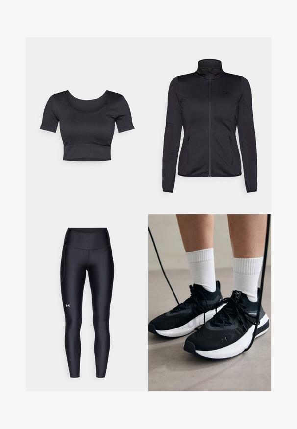 Jaqueta preta com fecho éclair e gola alta, feita de um tecido liso e elástico, apresentando dois bolsos frontais com fecho éclair e mangas texturizadas.; Top curto preto com nervuras, mangas curtas, decote redondo largo e uma faixa ajustada na parte inferior. Textura suave, design casual.; Leggings pretos feitos de material liso e elástico, com uma cintura alta. Apresentam um logotipo branco na coxa esquerda e um design ajustado.; Sapatilhas desportivas pretas com tecido texturizado, sola branca e atacadores pretos. Usadas com meias brancas caneladas, a pé sobre uma superfície clara.