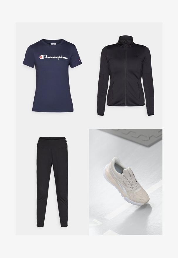 Must ehk üles tõmmatav jakk, millel on kõrge krae, valmistatud siledast ja venivast kangast, millel on kaks lukuga esikotid ja tekstureeritud varrukad.; Tumedast siniseks värvitud puuvillane T-särk lühikeste varrukatega, millel on valge "Champion" logo. Tava lõige, ümmargune kaelus ja pehme tekstuur.; Mustad must leggings venivast kangast. Kõrge vöökoht, kitsenev lõige, valged külgtriibud välimistel õmblustel. Sile pind.; Heledad beež spordijalanõud perforatsiooni, tekstuursete aktsentide, pehmendatud krae ja valge kummitaldiga, disainitud mugavuse ja hingavuse tagamiseks.